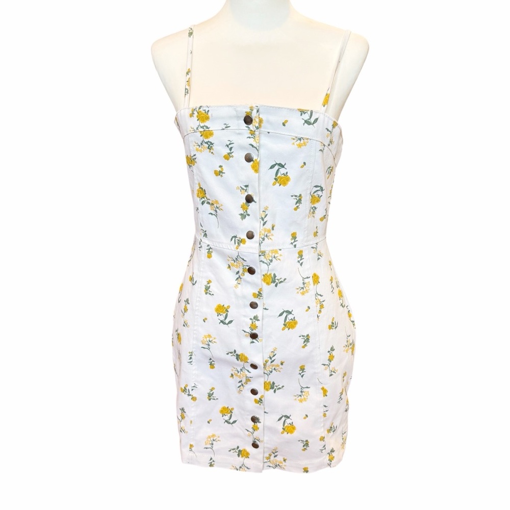 Rue 21 Mini Dress Juniors Medium Yellow Rose Floral Denim Sundress Coquette